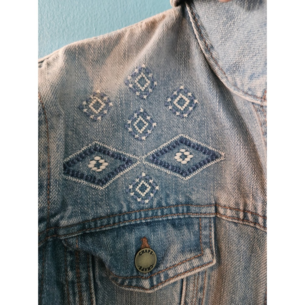 Chaps Denim Womens Light Wash Embroidered Jean Jacket Southwestern Blue Large - Picture 4 of 4